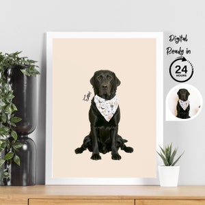 May include: A digital illustration of a black Labrador Retriever wearing a Halloween-themed bandana. The dog is sitting and looking at the camera. The dog's name, "Sam", is written in cursive above the dog. The background is a light beige color.