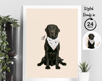 Könnte beinhalten: Eine digitale Illustration eines schwarzen Labrador Retrievers, der ein Halloween-Bandana trägt. Der Hund sitzt und schaut in die Kamera. Der Name des Hundes, "Sam", ist in Kursivschrift über dem Hund geschrieben. Der Hintergrund ist hellbeige.