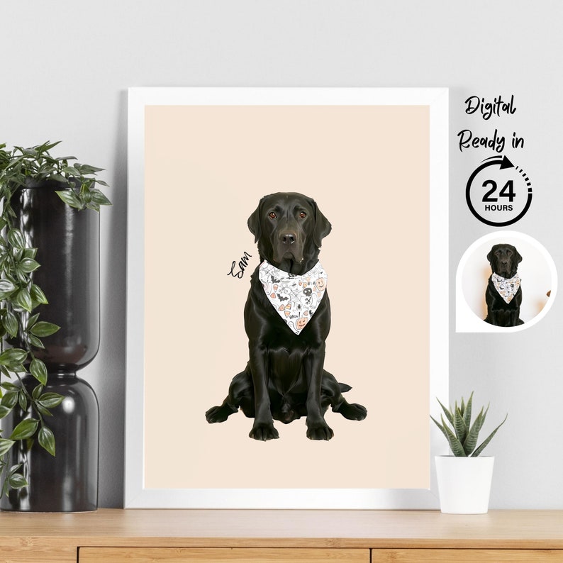May include: A digital illustration of a black Labrador Retriever wearing a Halloween-themed bandana. The dog is sitting and looking at the camera. The dog's name, "Sam", is written in cursive above the dog. The background is a light beige color.