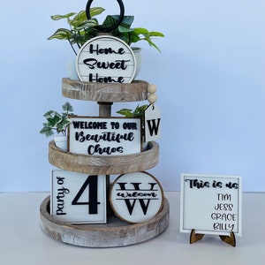 Farmhouse Tiered Tray Decor: Personalized Family Signs