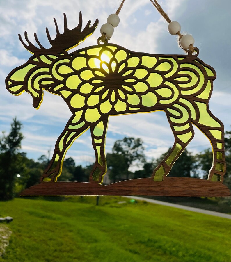 Moose Suncatcher, window ornament, wood and acrylic suncatcher, mountain decor