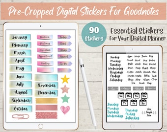 Op de afbeelding: Een digitale planner met 90 voorgeknipte stickers voor Goodnotes. De stickers bevatten maanden van het jaar, dagen van de week en andere handige labels. De stickers zijn in verschillende kleuren en stijlen.