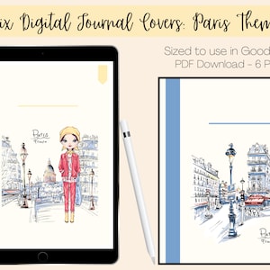 May include: Six digital journal covers with a Paris theme. The covers feature illustrations of a Parisian street scene with a street lamp, buildings, and a girl in a red jacket. The text "Paris, France" is included on each cover.