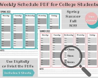 Weekly Class Schedule for College Students - PDF - Instant Digital Download