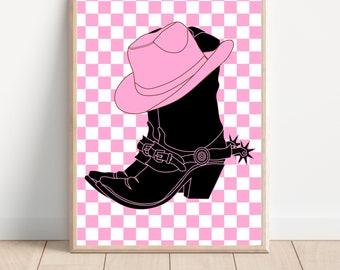 Cowboy boots print, pink cowgirl, cowgirl boots, pink prints, checkered print