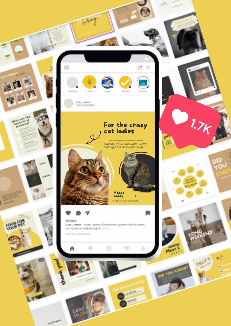 Pu&ograve; includere: Un post Instagram giallo e bianco sullo schermo di uno smartphone con una foto di due gatti tigrati. Il testo dice "Per le pazze delle gatte. I nostri due gatti adulti Lulu e Betty cercano un nuovo migliore amico. Adotta oggi. @yourbusiness.com".