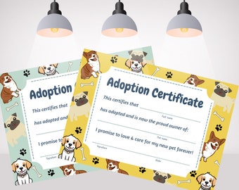 Certificati di adozione di cani da compagnia - PDF stampabile e modello modificabile. Rifugio per animali, salvataggio animali, cucciolo, carino