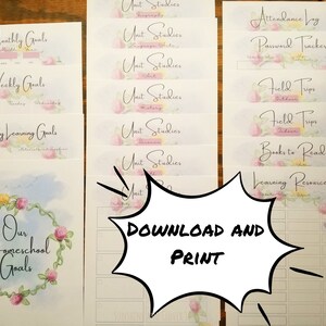 Printable Homeschool Planner, Daily Weekly Monthly Goals, School Attendance Log, Password Tracker, Field Trips, Book Log,  Unit Study Pages