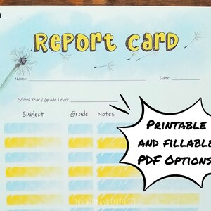 Printable Report Card, Colorful Grade Card in Blue and Yellow, Dandelion Report Card, Grade Reporting Sheet, Homeschool Materials, Teachers