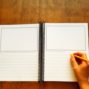 Printable journal with writing prompts for kids includes 180 pages of drawing and writing with new prompts for each page.
