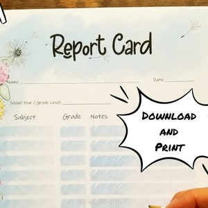 Boletín de calificaciones de descarga digital, Boletín de calificaciones para educación en el hogar, Rastreador de calificaciones con flores, Imprimibles educativos, Imprimibles para educación en el hogar
