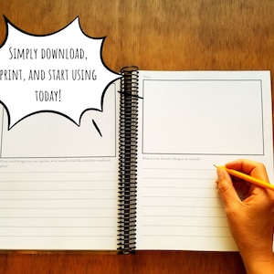 Printable journal with writing prompts for kids can be downloaded, printed and used today. This version of the journal has regular lined areas to write vs the large writing section in our other journal.