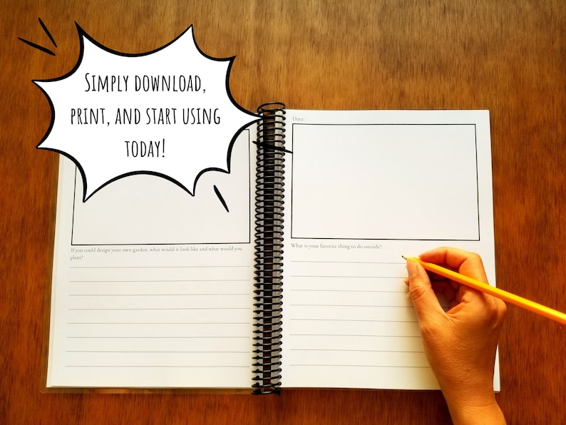 Printable journal with writing prompts for kids can be downloaded, printed and used today. This version of the journal has regular lined areas to write vs the large writing section in our other journal.
