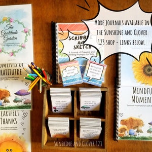 More guided journals and journal prompt cards can be found in the Sunshine and Clover 123 shop and are linked in the item description below. Journals shown cover gratitude, drawing, self reflection and all contain hand illustrated images.