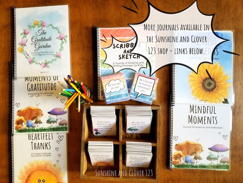 More guided journals and journal prompt cards can be found in the Sunshine and Clover 123 shop and are linked in the item description below. Journals shown cover gratitude, drawing, self reflection and all contain hand illustrated images.