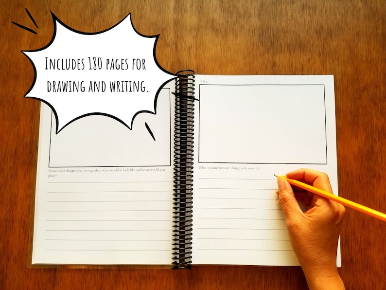 180 printable journal pages with prompts includes a new writing prompt on each page, as well as a section to write and draw.