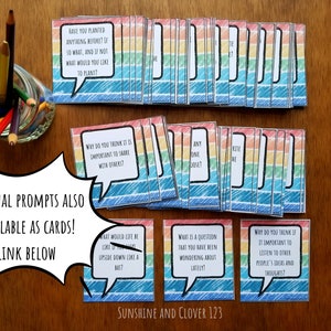 This printable journal is also available as journal prompt cards. The writing prompts come on a rainbow background and have a comic style talking bubble.