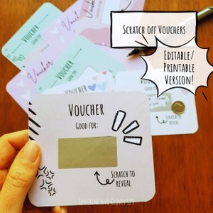 Cartes de réduction imprimables modifiables à gratter Coupons d'amour Idée cadeau pour la Saint-Valentin Cadeau d'anniversaire PDF Bons d'amour Cartes à gratter et à révéler