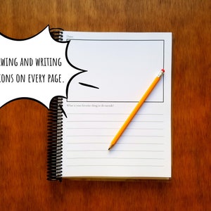 Journal prompts for kids includes drawing and writing sections on each of the 180 pages.
