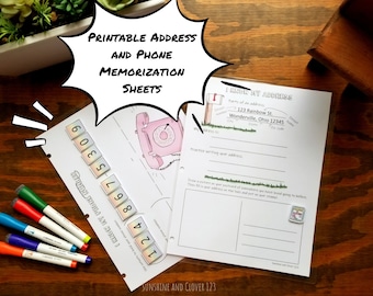 May include: Printable address and phone memorization sheets for kids. The sheets feature a mailbox, a phone, and a space to practice writing an address. The sheets are designed to help children learn their address and phone number.