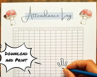Homeschool Attendance Log in Mushroom Blue, Printable Attendance Record for Homeschoolers Attendance Tracker School Supplies