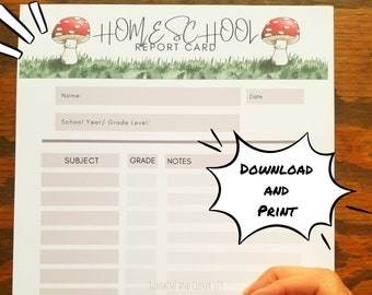 Printable Homeschool Report Card, Hand Illustrated Grade Card for Homeschoolers, Academic Progress Report Card, End of School Year, Mushroom