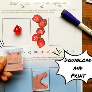 Kindergarten Math Greater Than, Less Than, Equal To, Printable Elementary Math Game, First Grade Math Activity, Homeschool Printable