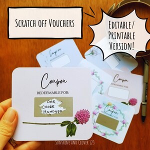 Buoni sconto modificabili da grattare per San Valentino, regalo di anniversario, regalo di compleanno, regalo per la festa della mamma, biglietti d'amore stampabili, regalo per coppie