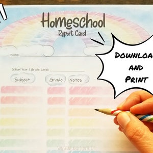 Boletín de calificaciones de educación en el hogar, informe de progreso académico imprimible, material imprimible para educación en el hogar, boletín de calificaciones con tema de arcoíris, registro de calificaciones escolares