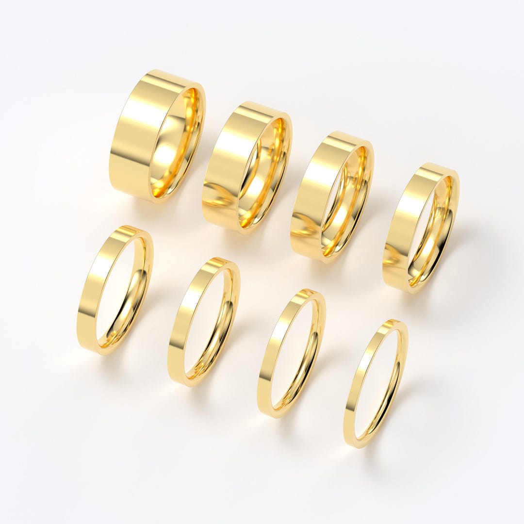 10K Yellow Gold Wedding Band, Flat High Polish Ring 1.5mm–7mm