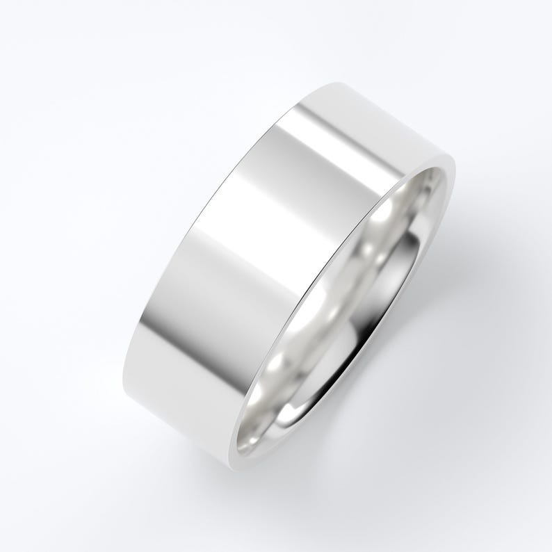 10K White Gold Wedding Band, Flat High Polish Ring 1.5mm–7mm, Comfort Fit Solid Gold Ring, Minimalist Wedding Ring, Engraved Gift 7 MM