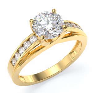Yellow Gold 1.5 Ct Moissanite Center Stone Engagement Ring Channel Set Side Stones - Available 10K, 14K, 18K Solid Gold, Sterling Silver