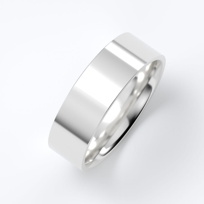 10K White Gold Wedding Band, Flat High Polish Ring 1.5mm–7mm, Comfort Fit Solid Gold Ring, Minimalist Wedding Ring, Engraved Gift 6 MM