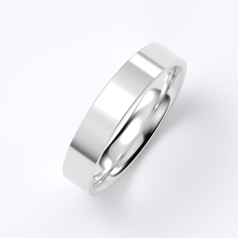 10K White Gold Wedding Band, Flat High Polish Ring 1.5mm–7mm, Comfort Fit Solid Gold Ring, Minimalist Wedding Ring, Engraved Gift 4 MM