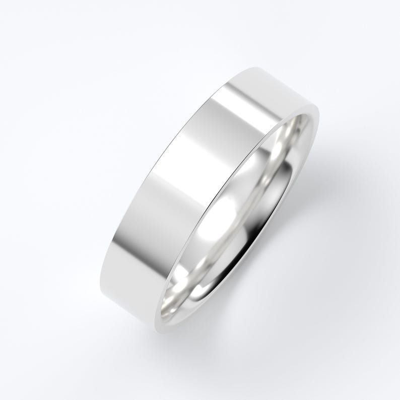 10K White Gold Wedding Band, Flat High Polish Ring 1.5mm–7mm, Comfort Fit Solid Gold Ring, Minimalist Wedding Ring, Engraved Gift 5 MM