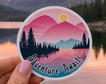 Adventure Awaits Mountain Sticker: Hiker Laptop Decal (7x7 cm)