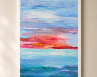 Original Abstract Sunset Seascape Painting | A3 Canvas | Coastal Wall Art | Modern Beach House Decor | Pink & Blue Ocean Artwork
