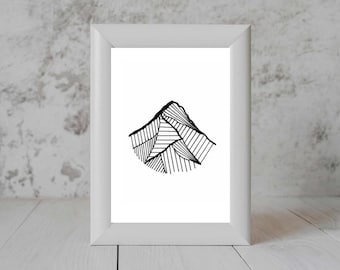 Modern Mountain Sketch in Black Ink, Abstract Geometric Art