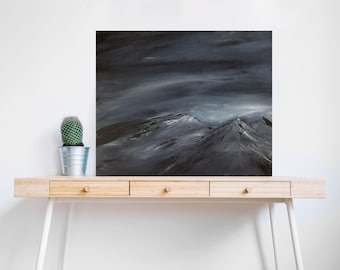 Dark Mountain Landscape Painting | Moody Peaks Mixed Media Canvas Artwork