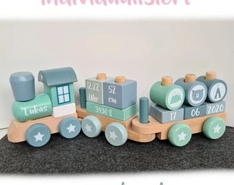 Wooden railway locomotive train with plug-in shapes Adventure Little Dutch 4480 BLUE/BLUE/MINT "printed customizable"