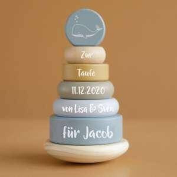 Little Dutch Holz Ring Stapelturm "Ocean" – blau | by Schmatzepuffer® "bedruckt personalisierbar"