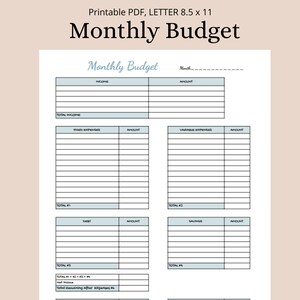 Monthly Budget Printable - PDF - Letter- &quot;8.5x11&quot;