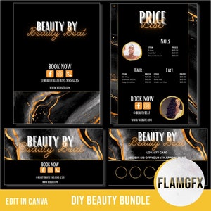 Beauty branding kit, hair Price list, hair business cards, hair loyalty cards, canva