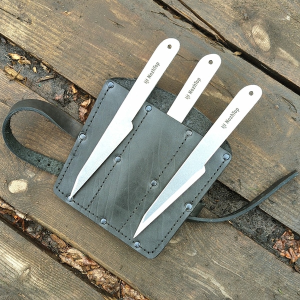 Gift set of throwing knives "Shrapnel" and leather sheath for them Unbreakable Carbon Spring Steel