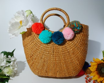 Sac fourre-tout en paille marocaine, sac tissé en rotin Boho, sac fourre-tout de vacances de plage, sac fourre-tout de plage d’été, sac de panier d’achat, sac de marché Français