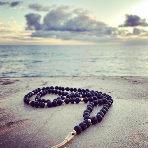 Long necklace Lava rock, hematite stars and 18k Gold-filled Hawaiian hook