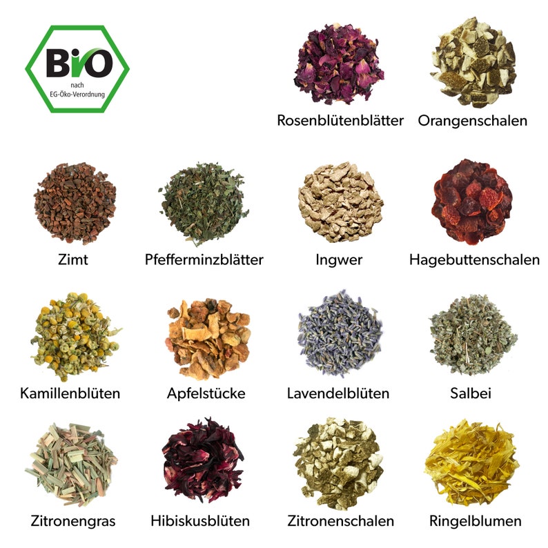 May include: A collection of dried herbs and flowers, including rose petals, orange peel, cinnamon, peppermint leaves, ginger, rose hips, chamomile flowers, apple pieces, lavender flowers, sage, lemongrass, hibiscus flowers, lemon peel, and calendula flowers. The image includes the text "BIO nach EG-Oko-Verordnung".