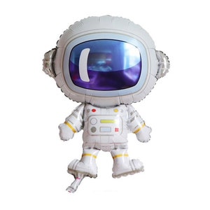 May include: A white astronaut balloon with a blue visor and yellow accents. The balloon is inflated and ready to be used for a party or celebration.
