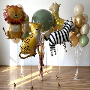 Safari Animal Balloon Set – Jungle Party Balloons with Lion, Zebra, Giraffe, Cheetah – Neutral Wild One Balloon Decor for Boys or Girls