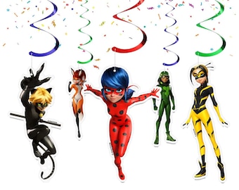 Miraculous Ladybug Streamers for Kids. Cartoon Ladybug Hanging Ceiling Swirls for Birthday Party Decorations.